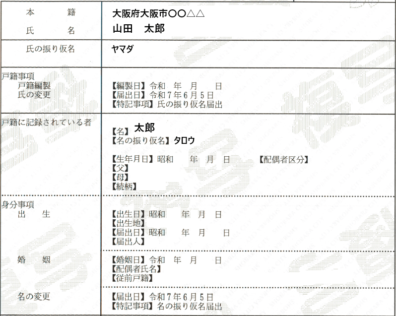 フリガナ届出後の戸籍 抜粋